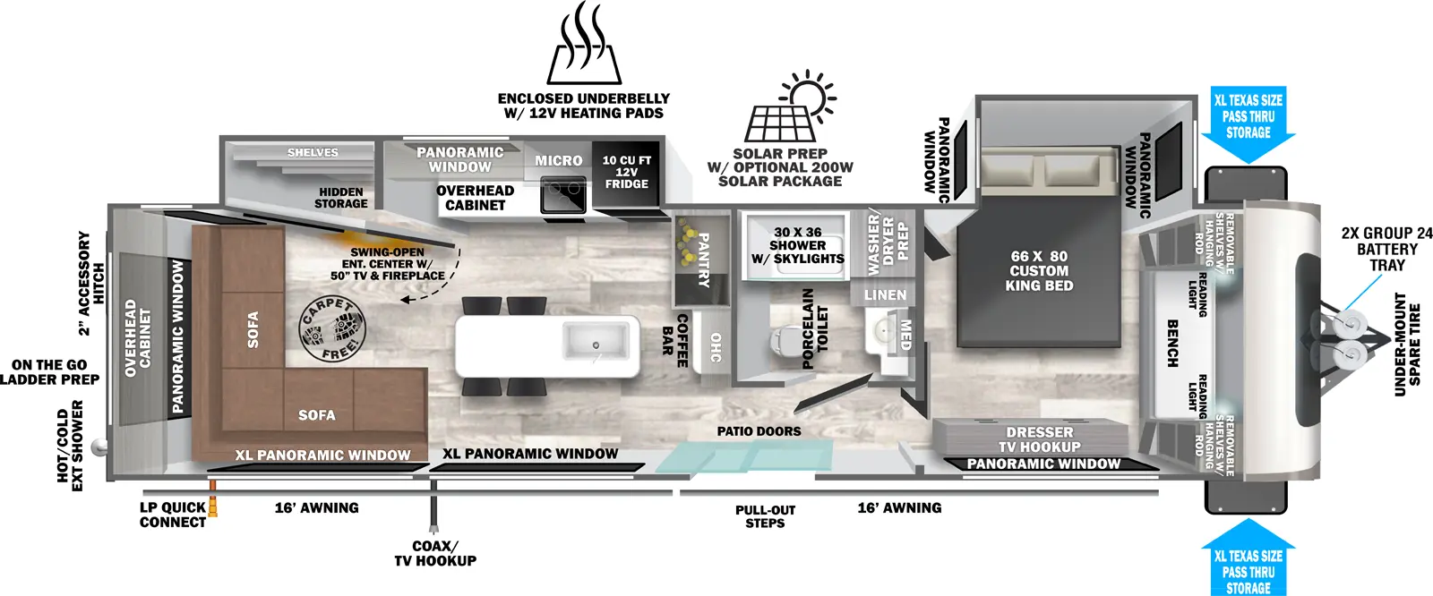 The Heritage Glen Travel Trailers 322VIEW has one entry and two slide outs. Exterior features include: fiberglass exterior and 16' & 16' awning. Interiors features include: kitchen island, front bedroom and rear living.